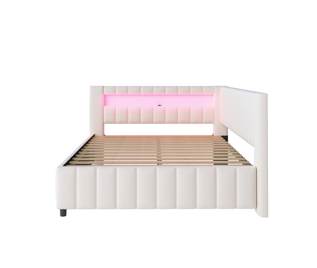 Sofá-cama 140x200 - polsterbett em veludo com luz led e porta usb, com encosto, cabeceira e estrutura de cama estável - bege