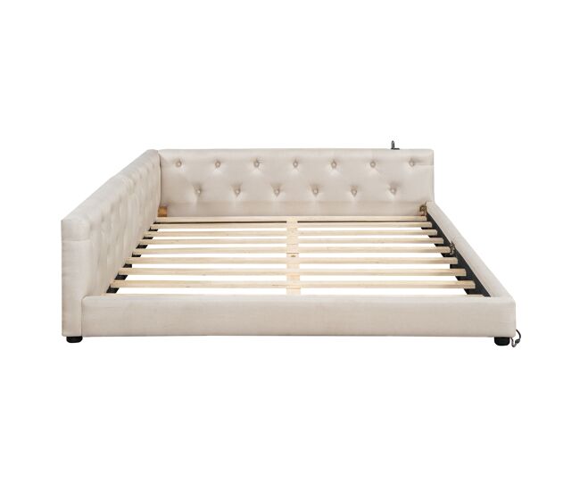 Sofá-cama 140x200 cm - com estrado, sem colchão, iluminação ambiente com comando, cabeceira capitoné, usb+tipo-c, linho - bege
