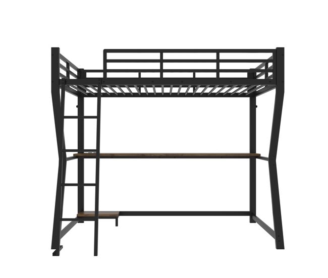 Cama alta 90x200cm - com luzes led, prateleira para consola, secretária, tomada + usb, grade, escada, sem colchão - preto