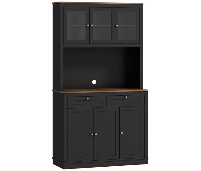 Homcom armário de cozinha móvel auxiliar de cozinha com 3 portas de vidro compartimento aberto 2 gavetas e prateleiras ajustáveis 100x40x180 cm preto