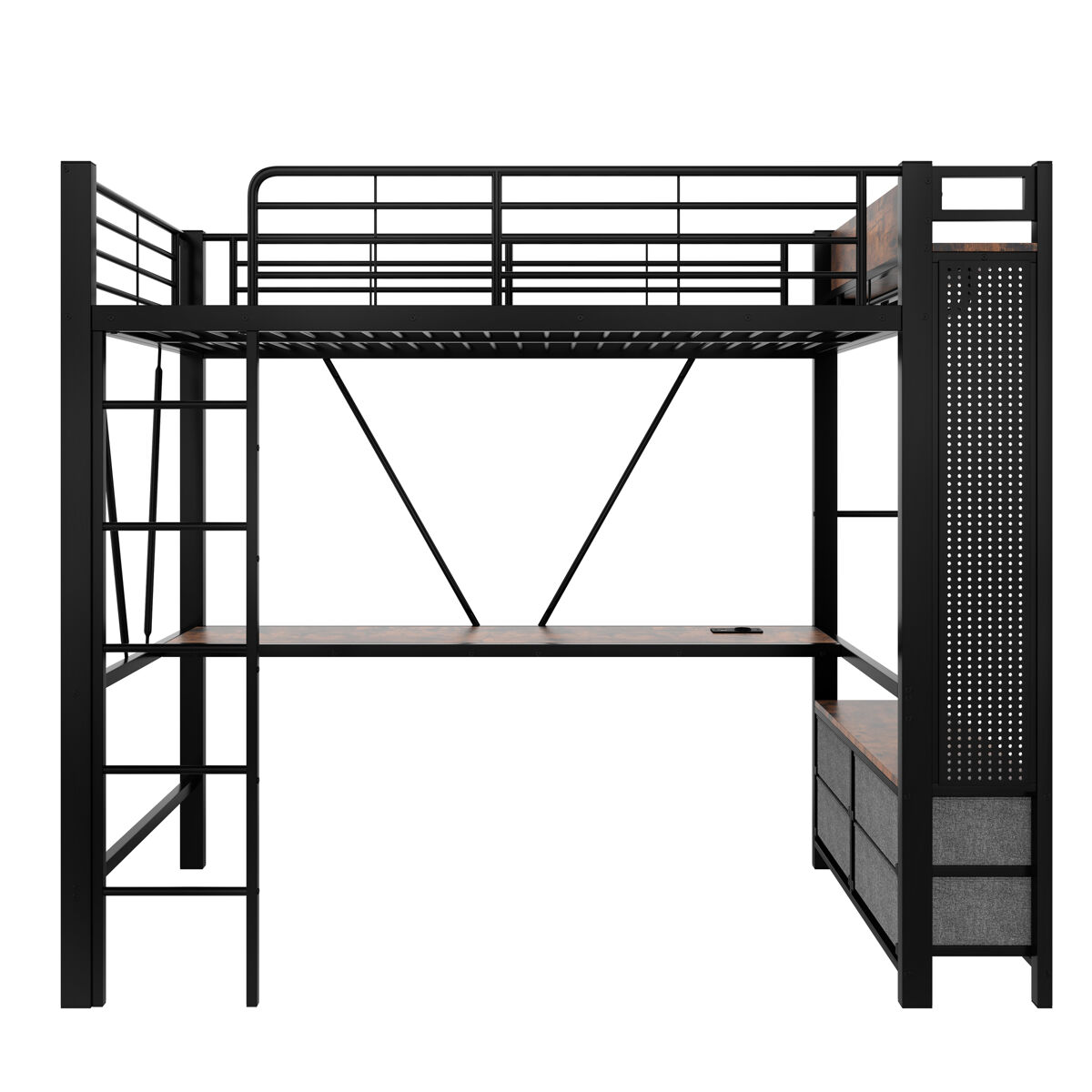 Cama alta 90x200 cm - ferro com secretária, barra de secagem, prateleiras, 4 gavetas, usb+tipo-c, led, grade, escada, sem colchão - preto