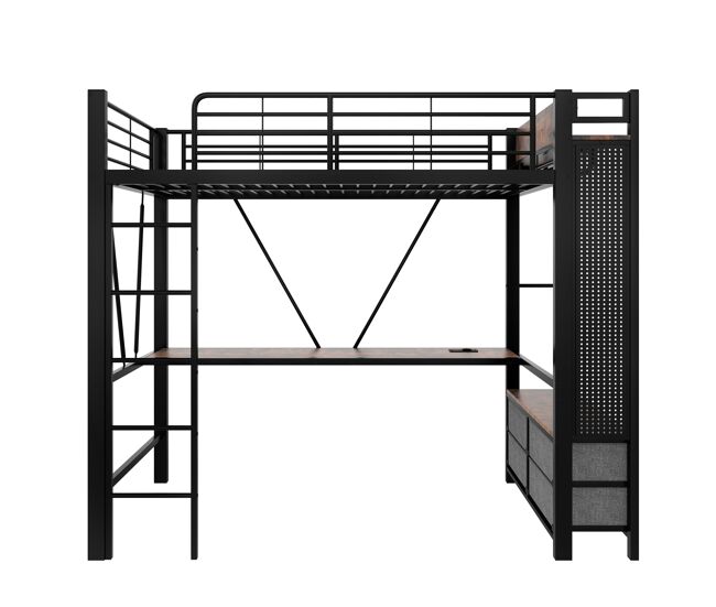 Cama alta 90x200 cm - ferro com secretária, barra de secagem, prateleiras, 4 gavetas, usb+tipo-c, led, grade, escada, sem colchão - preto