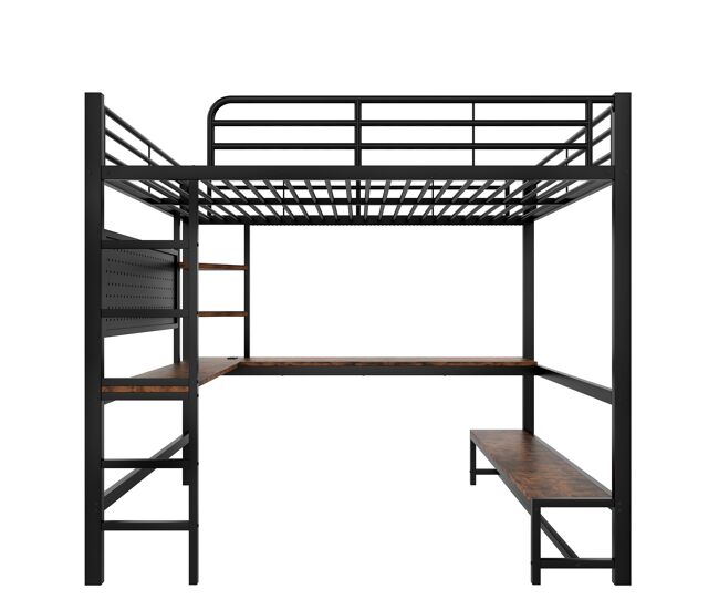 Cama alta 140x200 cm - estrutura metálica, secretária, corrimão, escada, várias prateleiras, tomada usb + type-c, faixa led, painel perfurado - preto