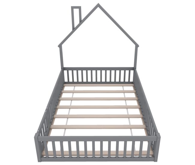 Cama infantil 140x190 cm - em forma de chaminé, com estrado (sem colchão), estilo minimalista - cinza