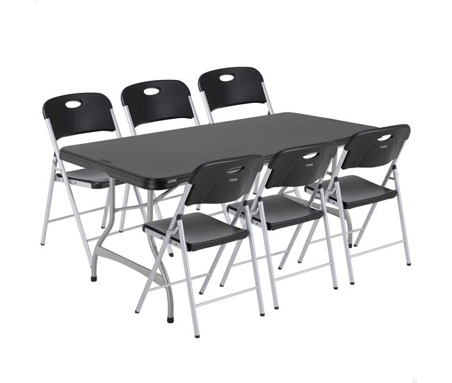 Pack mesa rebatível 182x76 cm + 6 cadeiras rebatíveis pretas lifetime