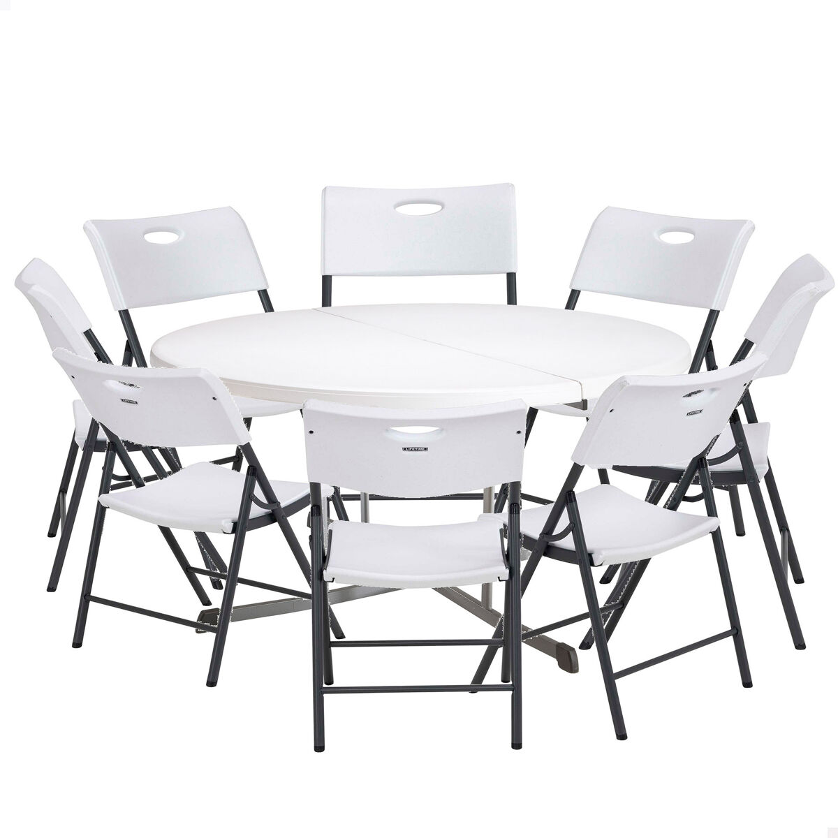 Pack mesa dobrável redonda Ø152 cm + 8 cadeiras dobráveis brancas Lifetime