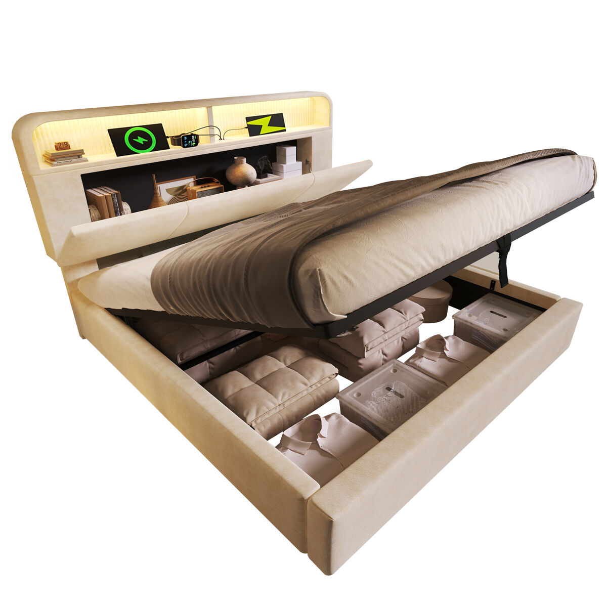 Cama com armazenamento,cama de casal de veludo 140x200cm com luz led,bege