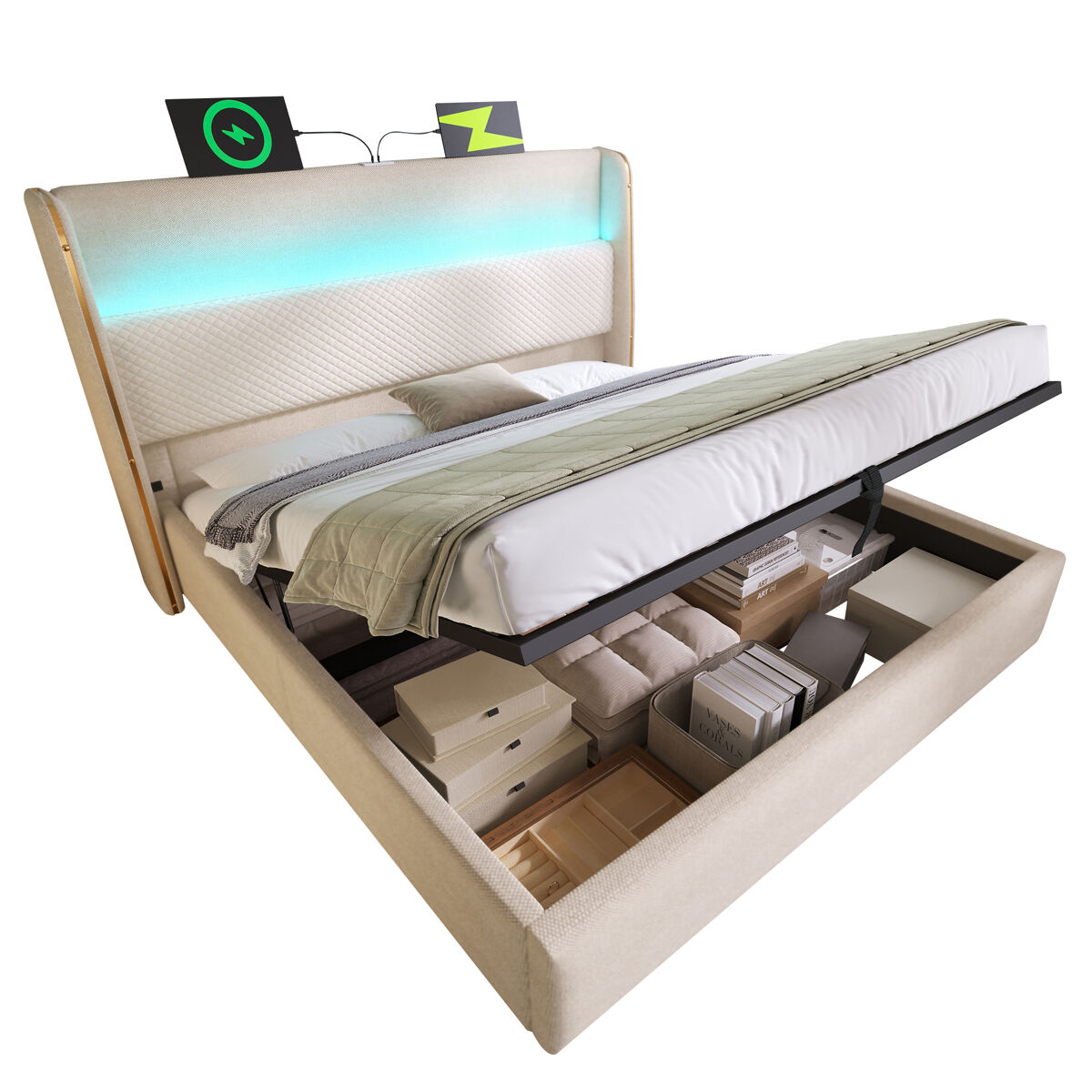 Cama com armazenamento,cama de casal de linho 160x200cm com luz led,bege
