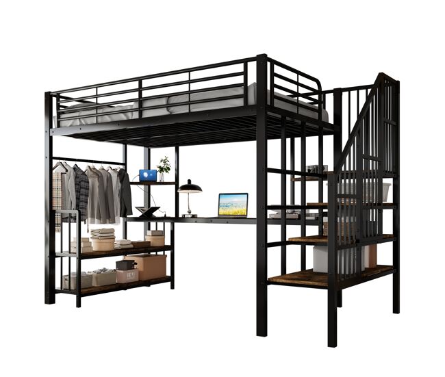 Cama alta,cama de criança de metal 120x200cm,preto+natural