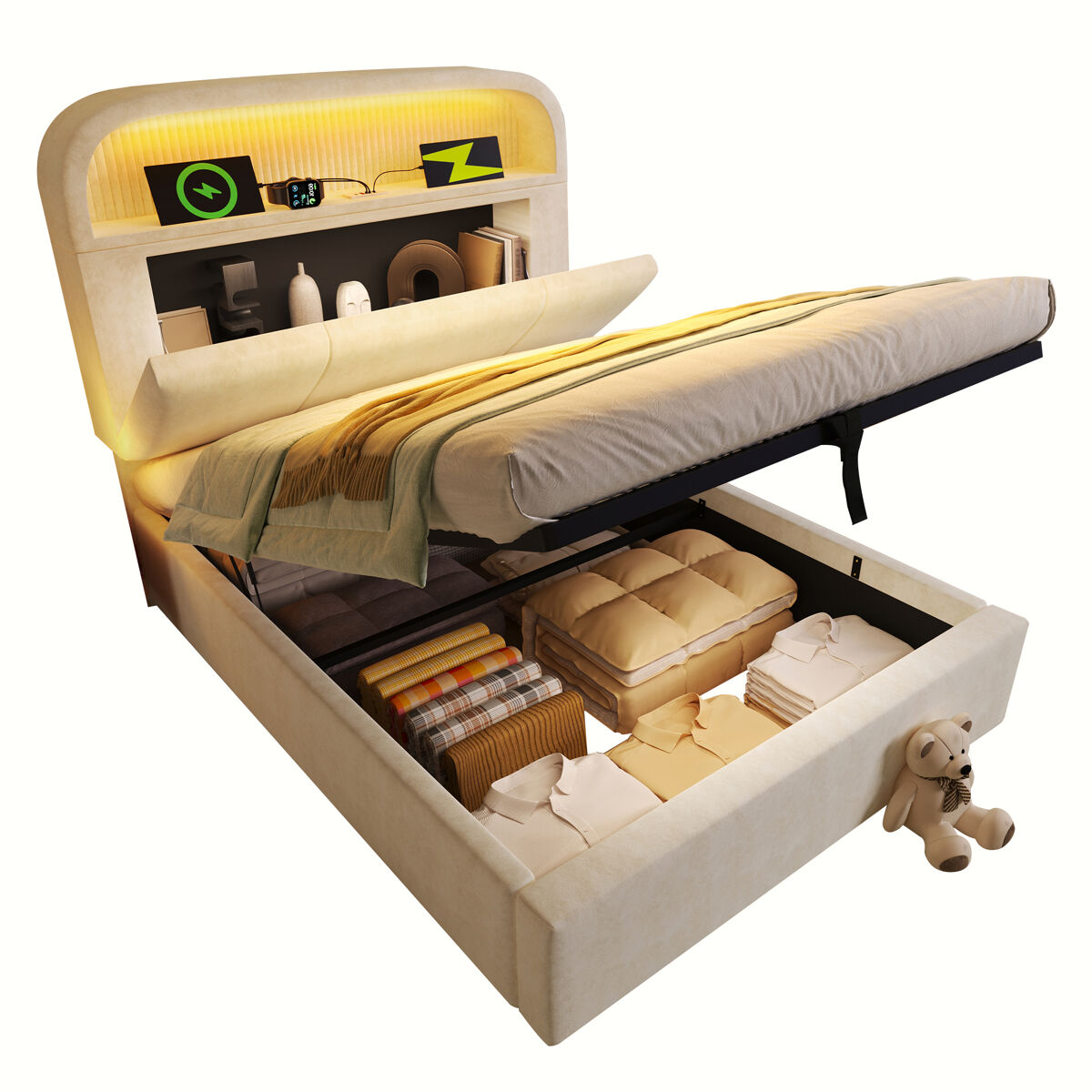 Cama com armazenamento,cama de solteiro de veludo 90x200cm com luz led,bege