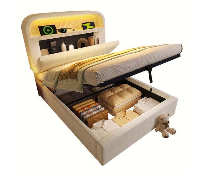 Cama com armazenamento,cama de solteiro de veludo 90x200cm com luz led,bege