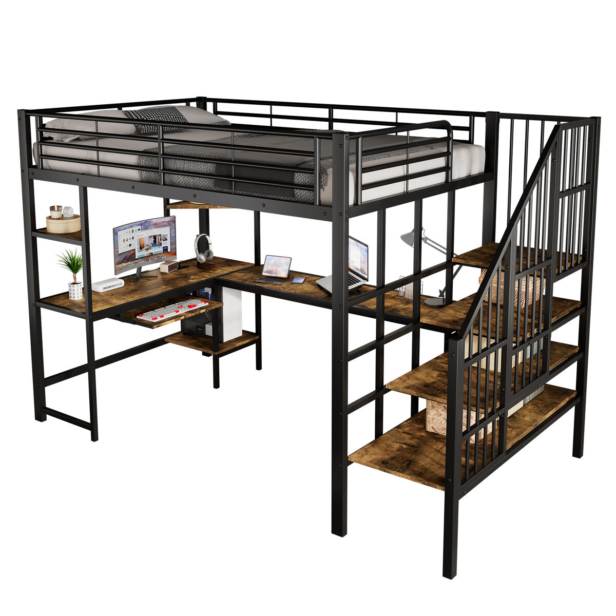 Cama alta,cama de criança de metal 120x200cm,preto+natural