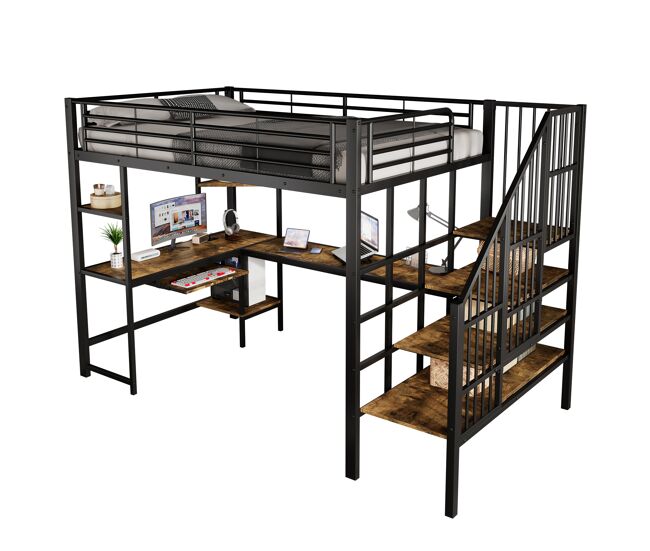 Cama alta,cama de criança de metal 120x200cm,preto+natural