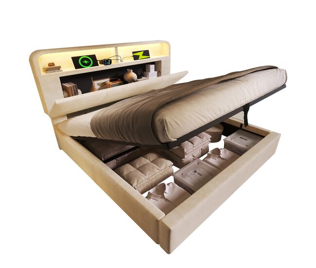 Cama com armazenamento,cama de casal de veludo 160x200cm com luz led,bege