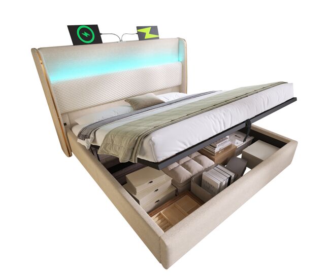 Cama com armazenamento,cama de casal de linho 180x200cm com luz led,bege