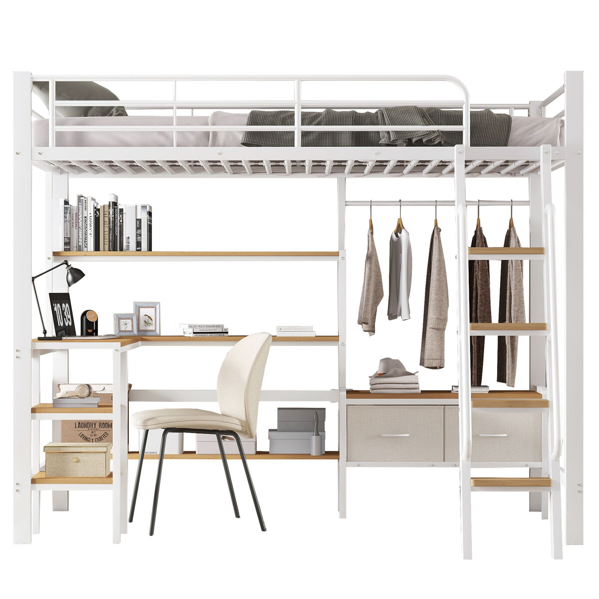 Cama alta,cama de criança de metal 90x200cm,branco+natural