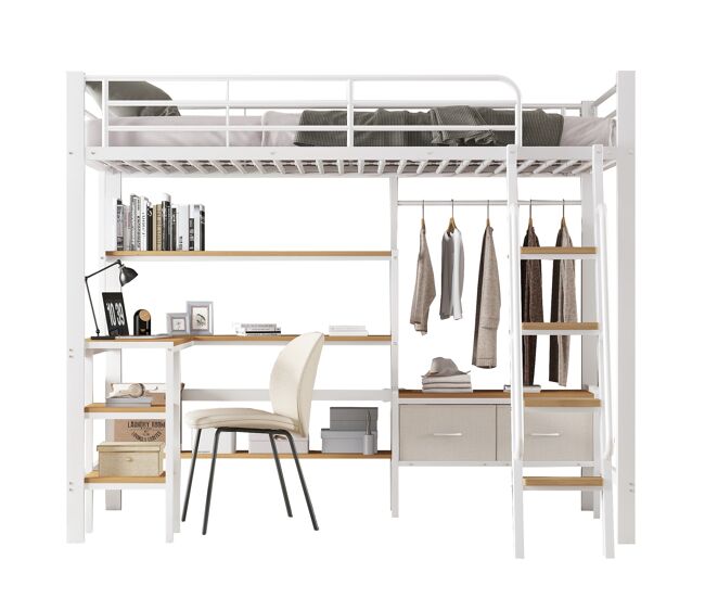 Cama alta,cama de criança de metal 90x200cm,branco+natural