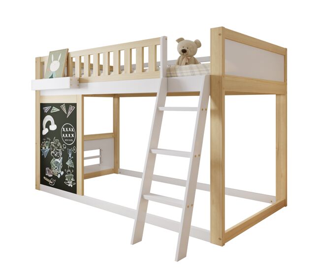 Cama alta,cama de criança de madeira de pinho 90x200cm,natural+branco