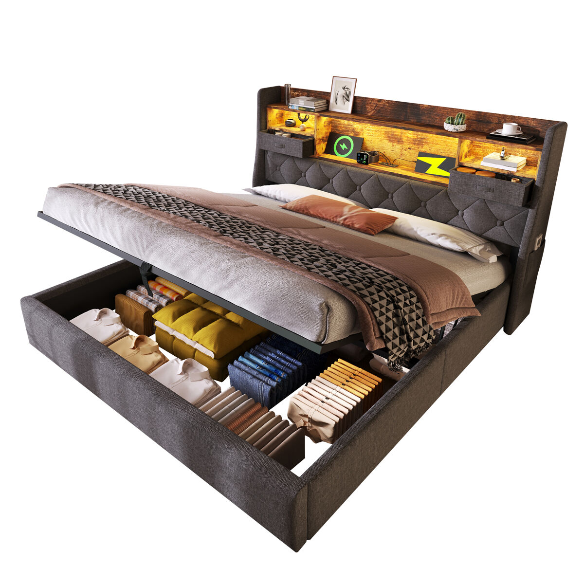 Cama de casal de linho 140x200cm com luz led,cinza