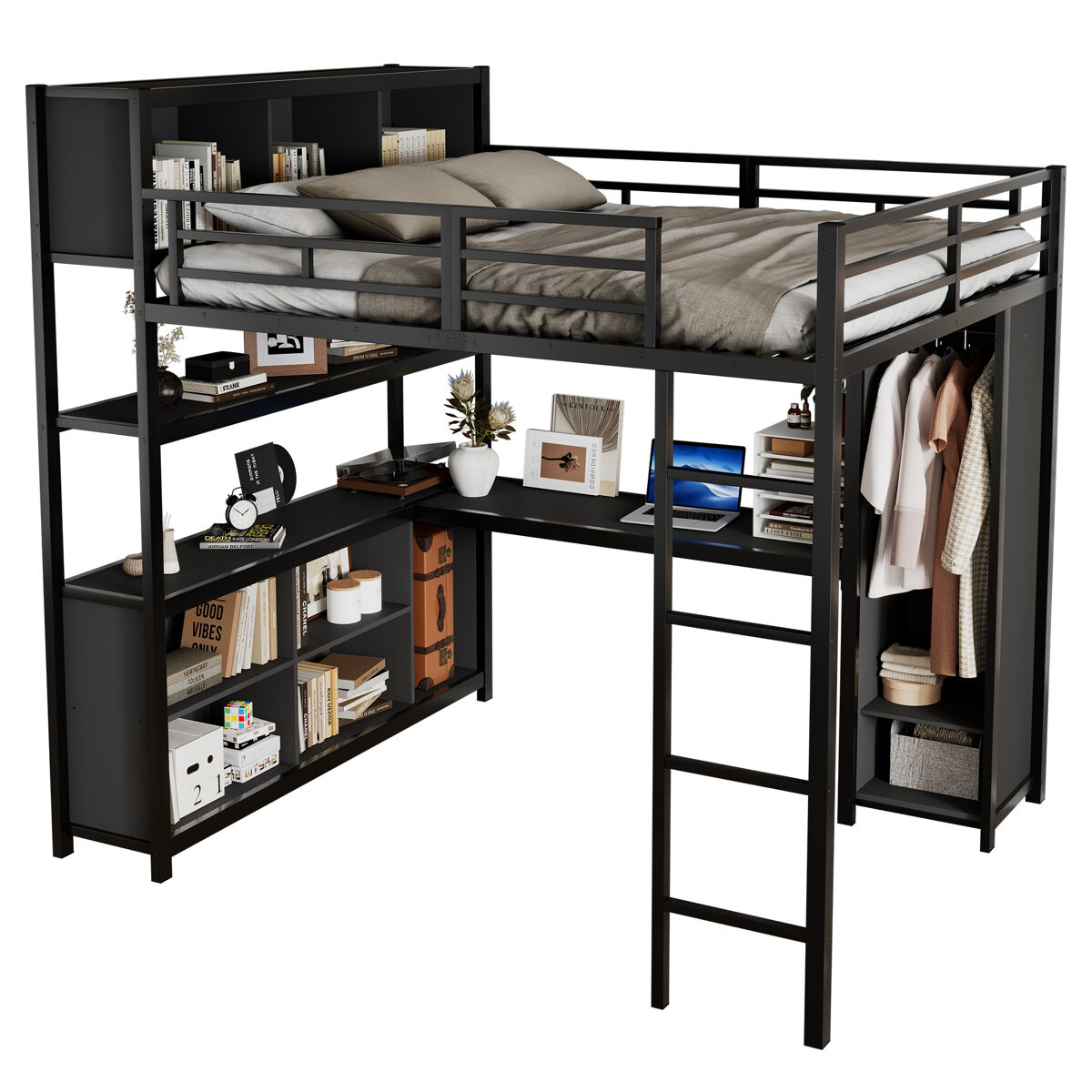 Cama alta,cama de criança de metal 140x200cm,preto