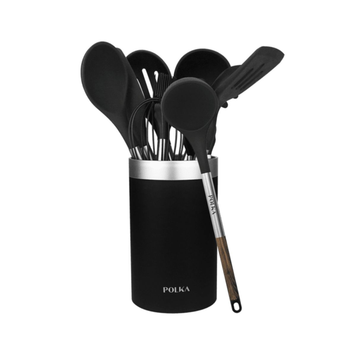 Cecotec Conjunto de 9 utensílios, com cabeça preta, revestimento soft touch preto e pega de aço em cor de madeira. Os principais materiais são silicone, nylon e PP. Este conjunto inclui um porta-utensílios Polka.