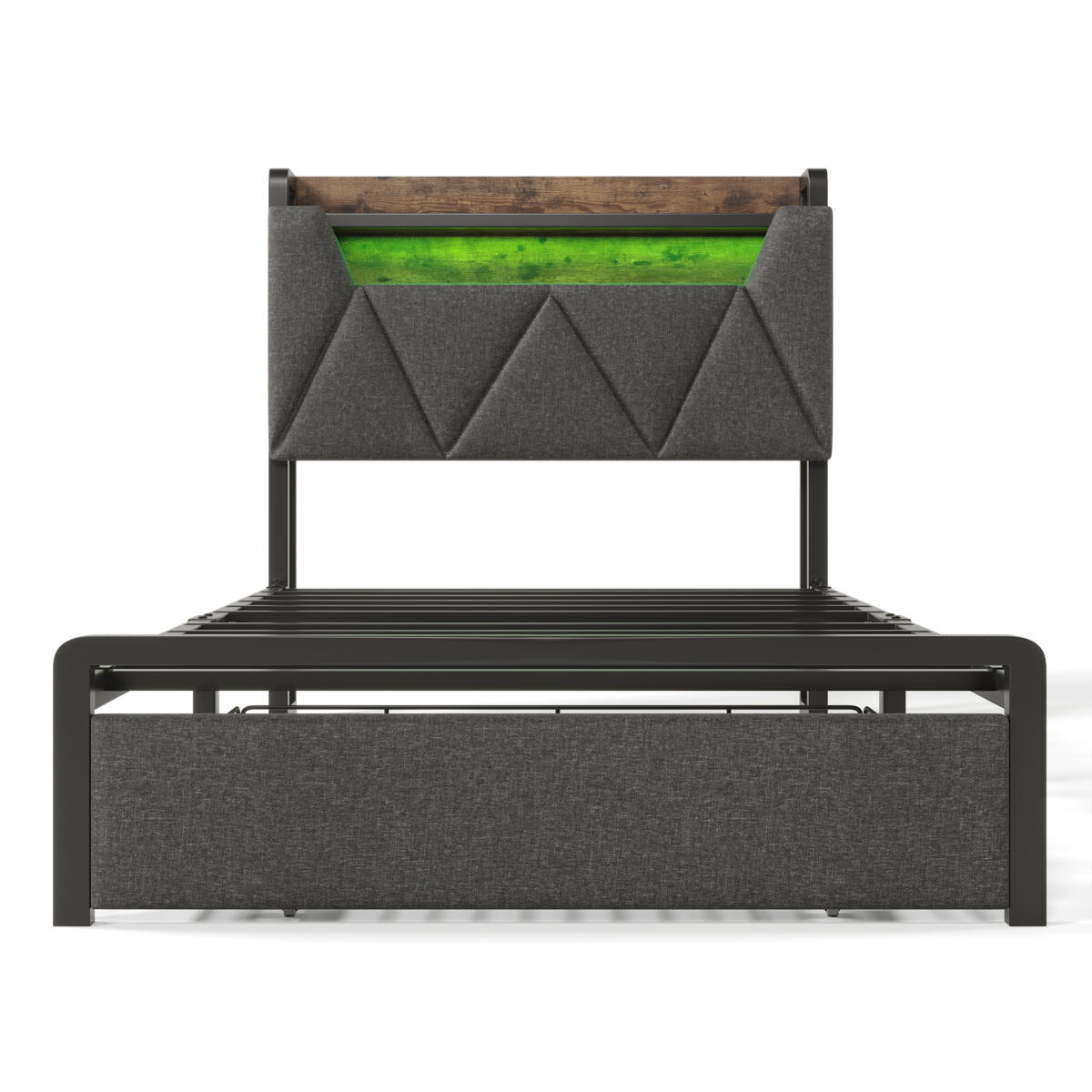 Cama individual 90x200 cm - cama com função de carregamento usb tipo c, cabeceira com arrumação, iluminação led e gavetas - cinza
