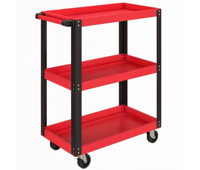 Homcom carrinho de oficina carrinho de ferramentas com 3 prateleiras rodas com travões e alça lateral para garagem mecânica casa carga 120 kg vermelho