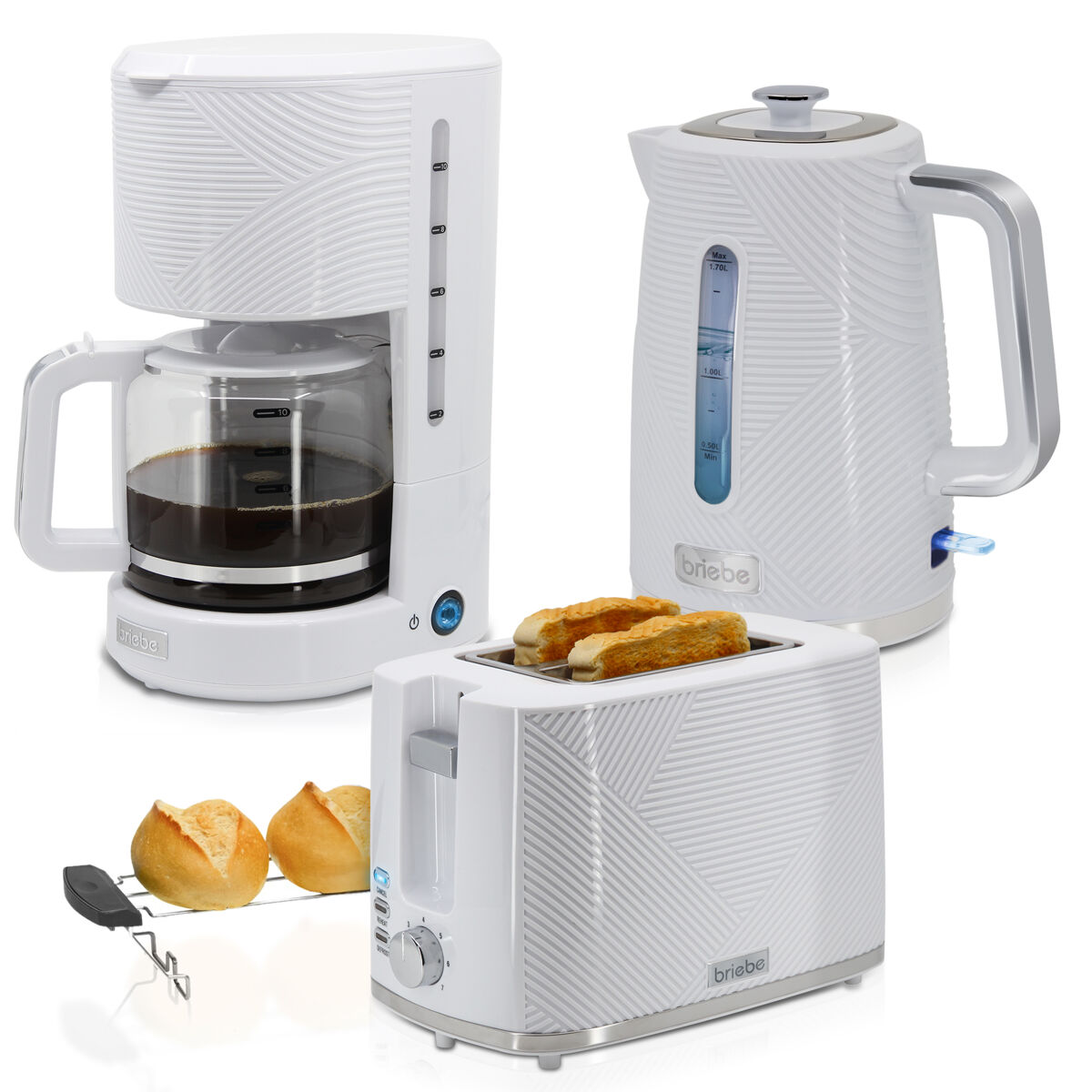Briebe skt1178wht elegance conjunto de torradeira de pão 2 fatias + bouilloire électrique 1,7l + machine de café filtro 10 chávenas, , blanc