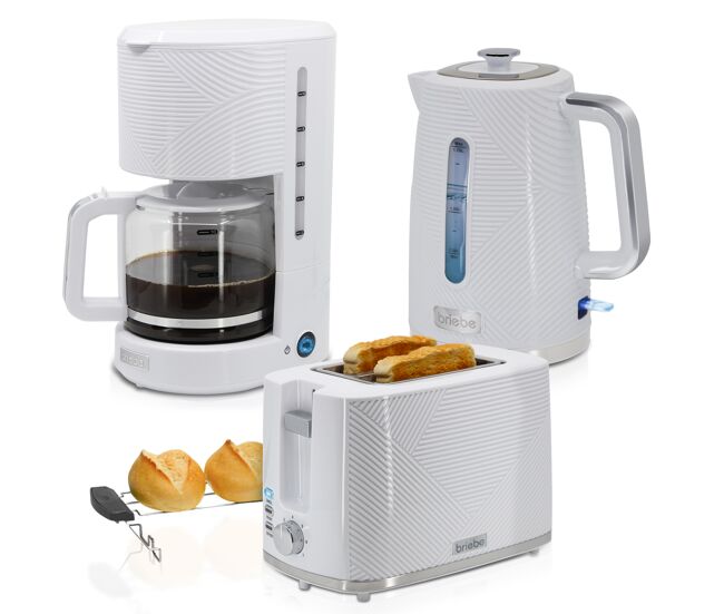 Briebe skt1178wht elegance conjunto de torradeira de pão 2 fatias + bouilloire électrique 1,7l + machine de café filtro 10 chávenas, , blanc