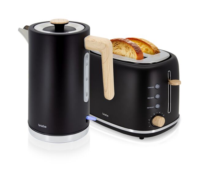 Briebe skt1167blk nordic conjunto de torradeira de pão com fenda larga, 2 fatias + chaleira elétrica 1,7l sem fio, sem bpa, 2200, preto