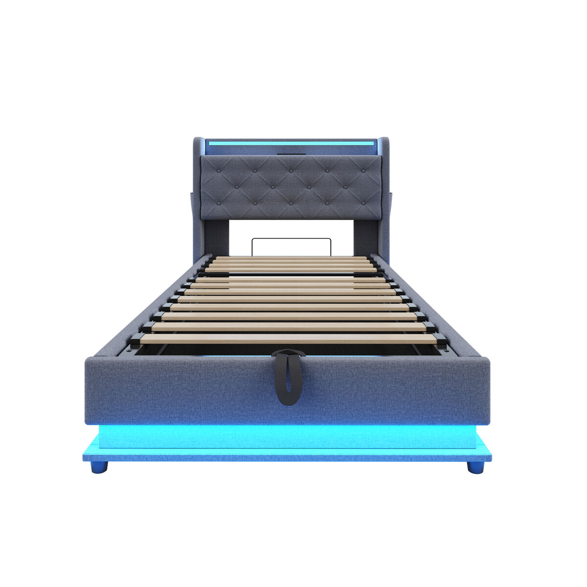 Cama infantil 90x200 cm - com luzes led que mudam de cor, porta usb, cabeceira rebatível, armazenamento hidráulico, bolsa para telemóvel - cinza