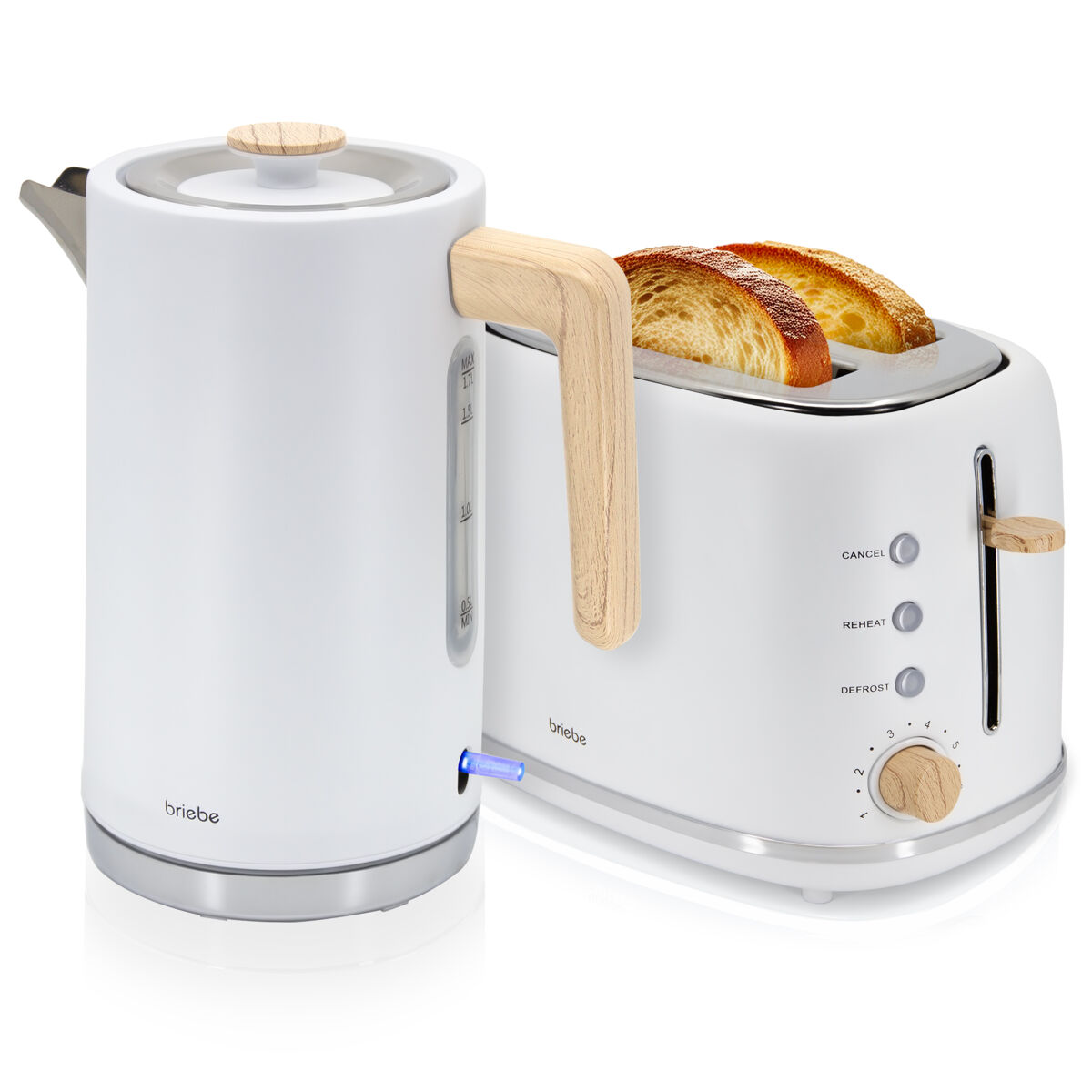 Briebe skt1167wht nordic conjunto de torradeira de pão com fenda larga, 2 fatias + bouilloire électrique 1,7l sans fil, sem bpa, 2200, blanc