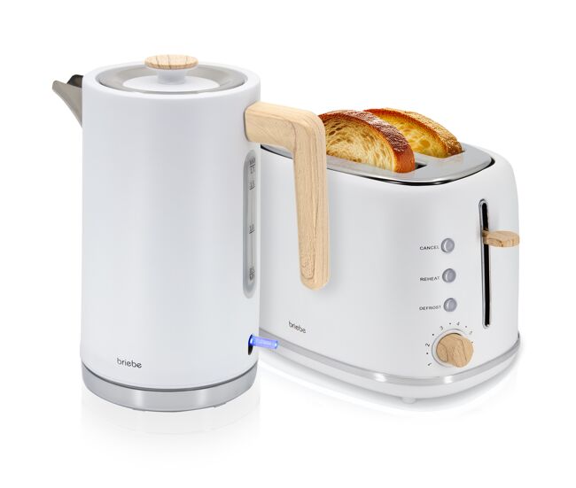 Briebe skt1167wht nordic conjunto de torradeira de pão com fenda larga, 2 fatias + bouilloire électrique 1,7l sans fil, sem bpa, 2200, blanc
