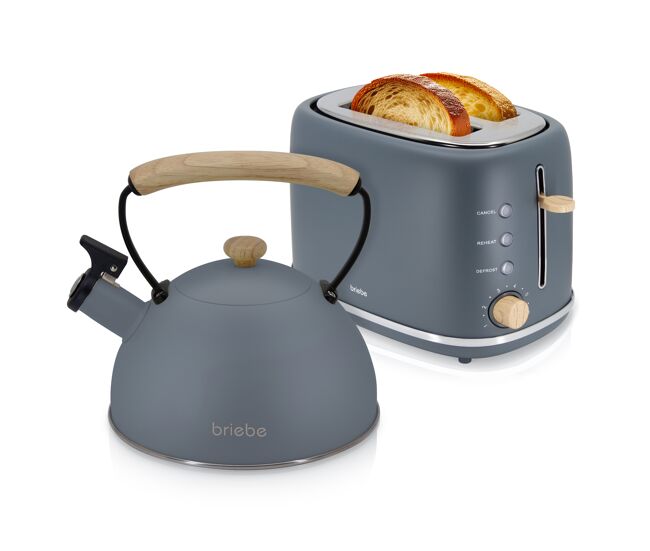 Briebe skt1177gry nordic tostapane a fessura larga a 2 fette+ bouilloire de indução com apito, 2,3 l, 870, gris
