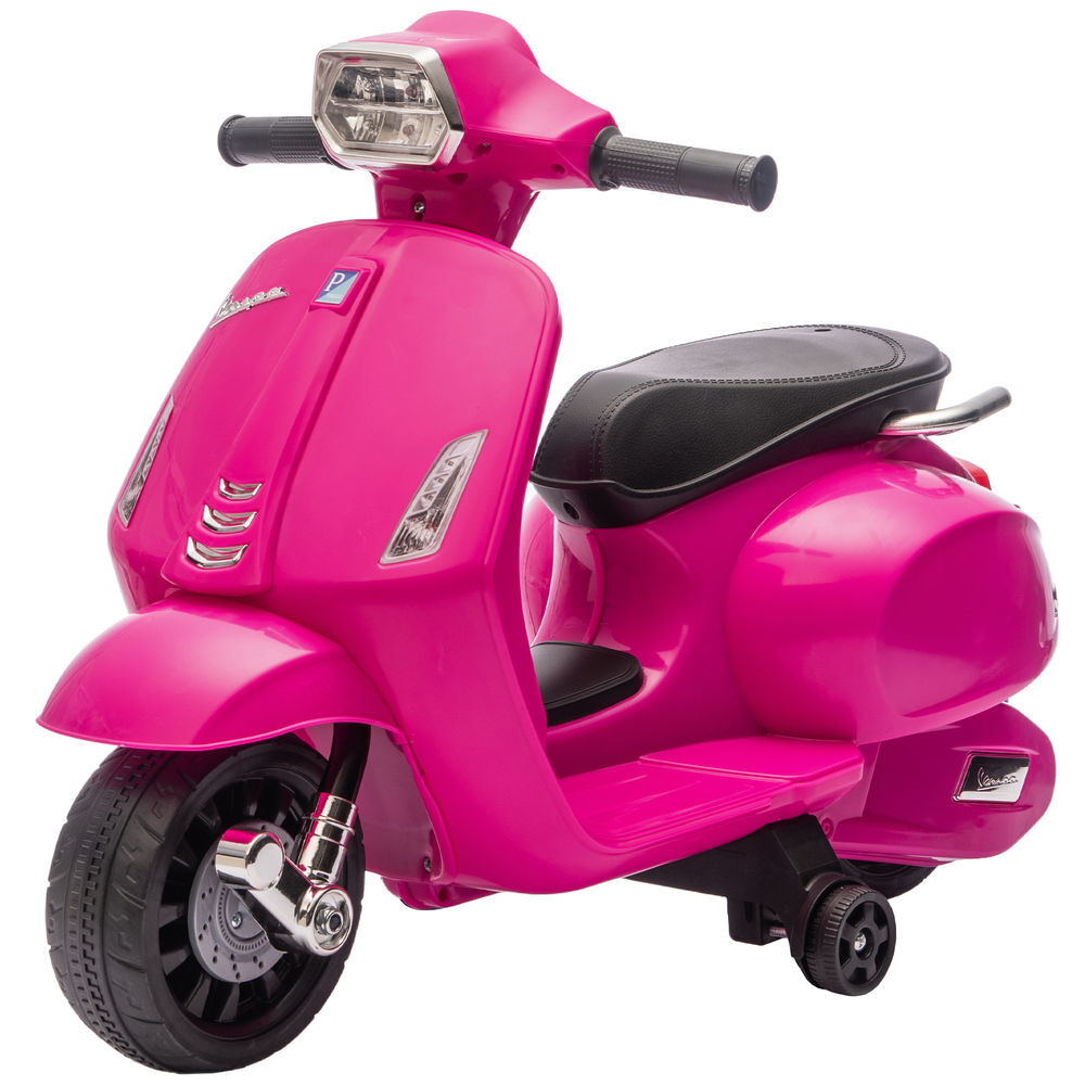 Aiyaplay moto elétrica infantil 6v com licença vespa, com rodas auxiliares de 6,9'', velocidade de 2,5 km/h, faróis e buzina, para crianças de 2-4 anos, rosa