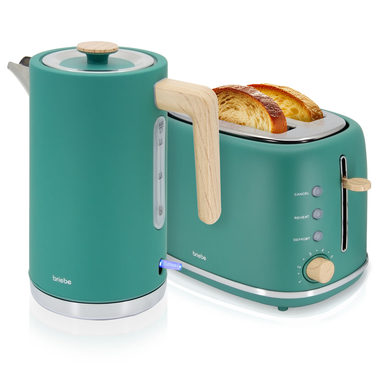 Briebe skt1167gre nordic conjunto de torradeira de pão com fenda larga, 2 fatias + bouilloire électrique 1,7l sans fil, sem bpa, 2200, verde