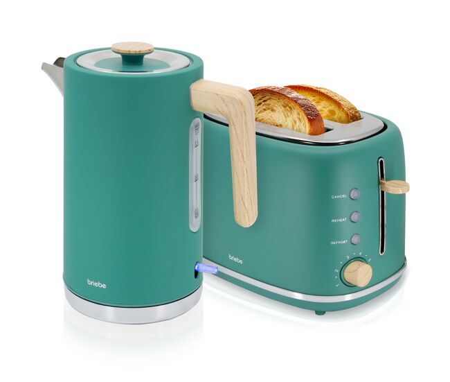 Briebe skt1167gre nordic conjunto de torradeira de pão com fenda larga, 2 fatias + bouilloire électrique 1,7l sans fil, sem bpa, 2200, verde
