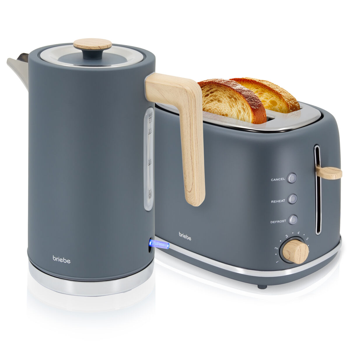 Briebe skt1167gry nordic conjunto de torradeira de pão com fenda larga, 2 fatias + bouilloire électrique 1,7l sans fil, sem bpa, 2200, gris