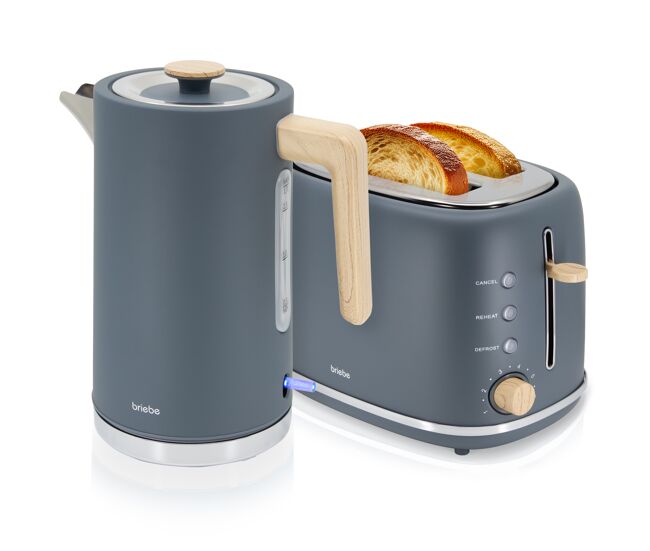 Briebe skt1167gry nordic conjunto de torradeira de pão com fenda larga, 2 fatias + bouilloire électrique 1,7l sans fil, sem bpa, 2200, gris