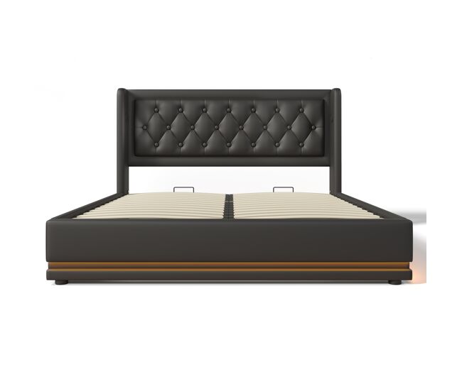 Cama estofada 160*200 cm - material pu, cama com arrumação hidráulica, cabeceira acolchoada com carregador usb tipo-c, função led em 3 lados - preta