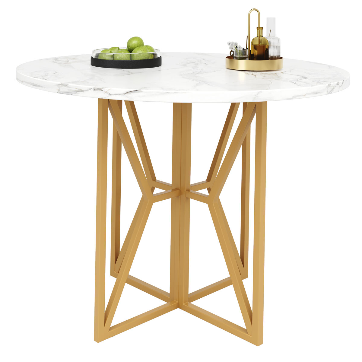 Mesa redonda 80x80 cm - mesa para 4-6 pessoas, pernas douradas, superfície em mdf marmorizado