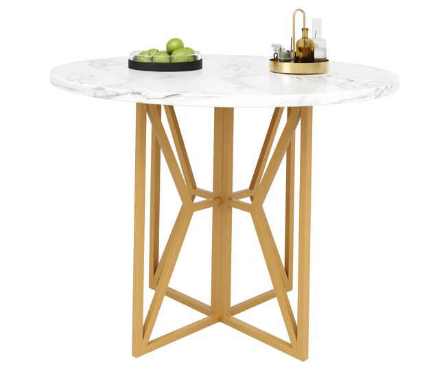 Mesa redonda 80x80 cm - mesa para 4-6 pessoas, pernas douradas, superfície em mdf marmorizado