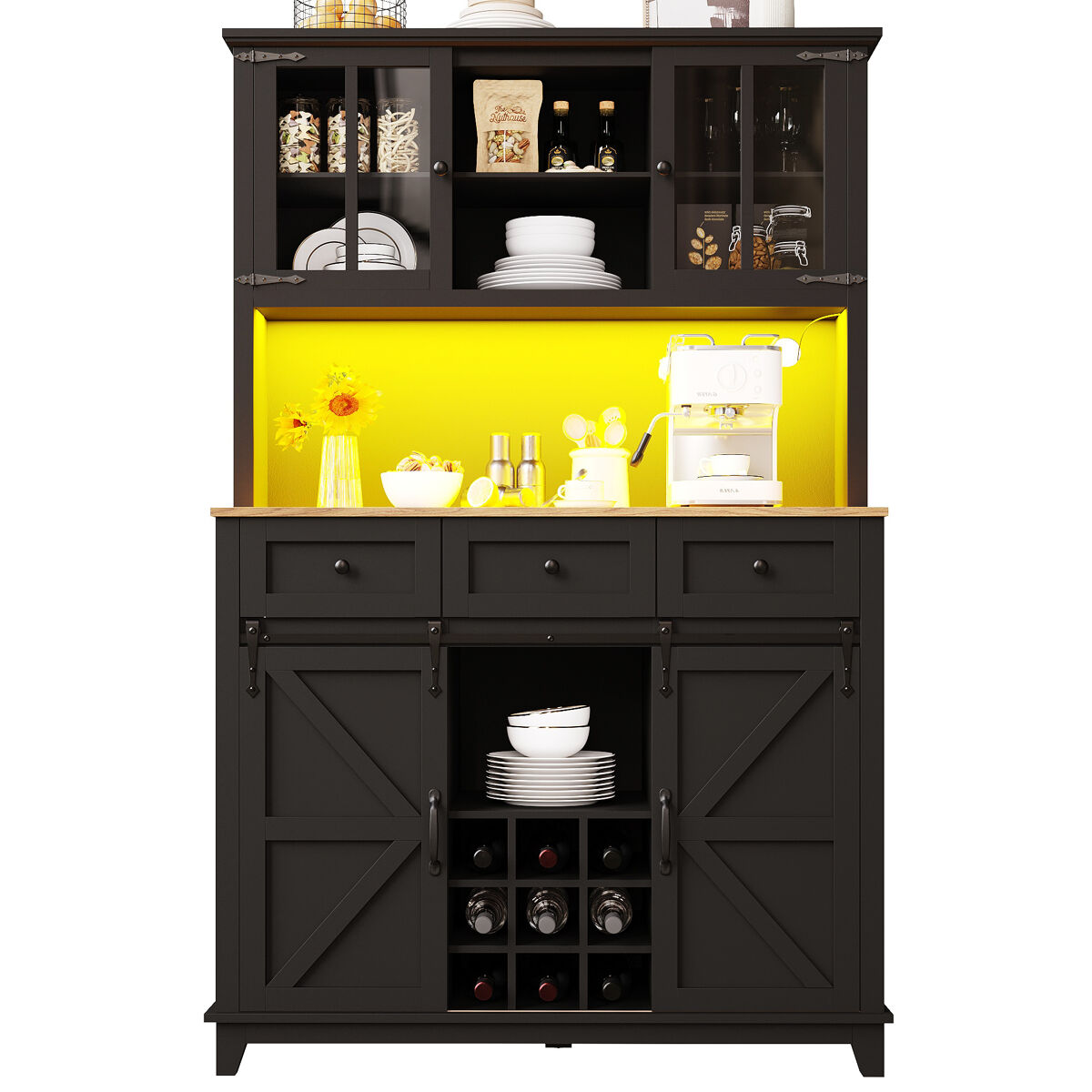 Armário de cozinha 105x38,4x180 cm - vitrina com prateleiras ajustáveis, aparador com iluminação led, cores de luz variáveis - preto