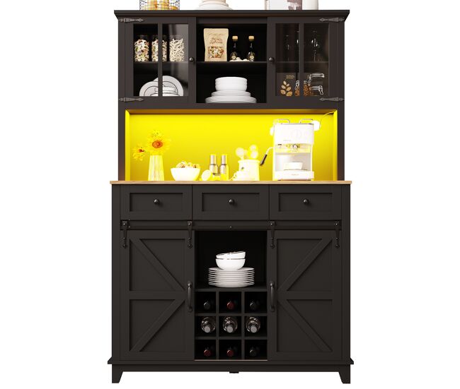 Armário de cozinha 105x38,4x180 cm - vitrina com prateleiras ajustáveis, aparador com iluminação led, cores de luz variáveis - preto