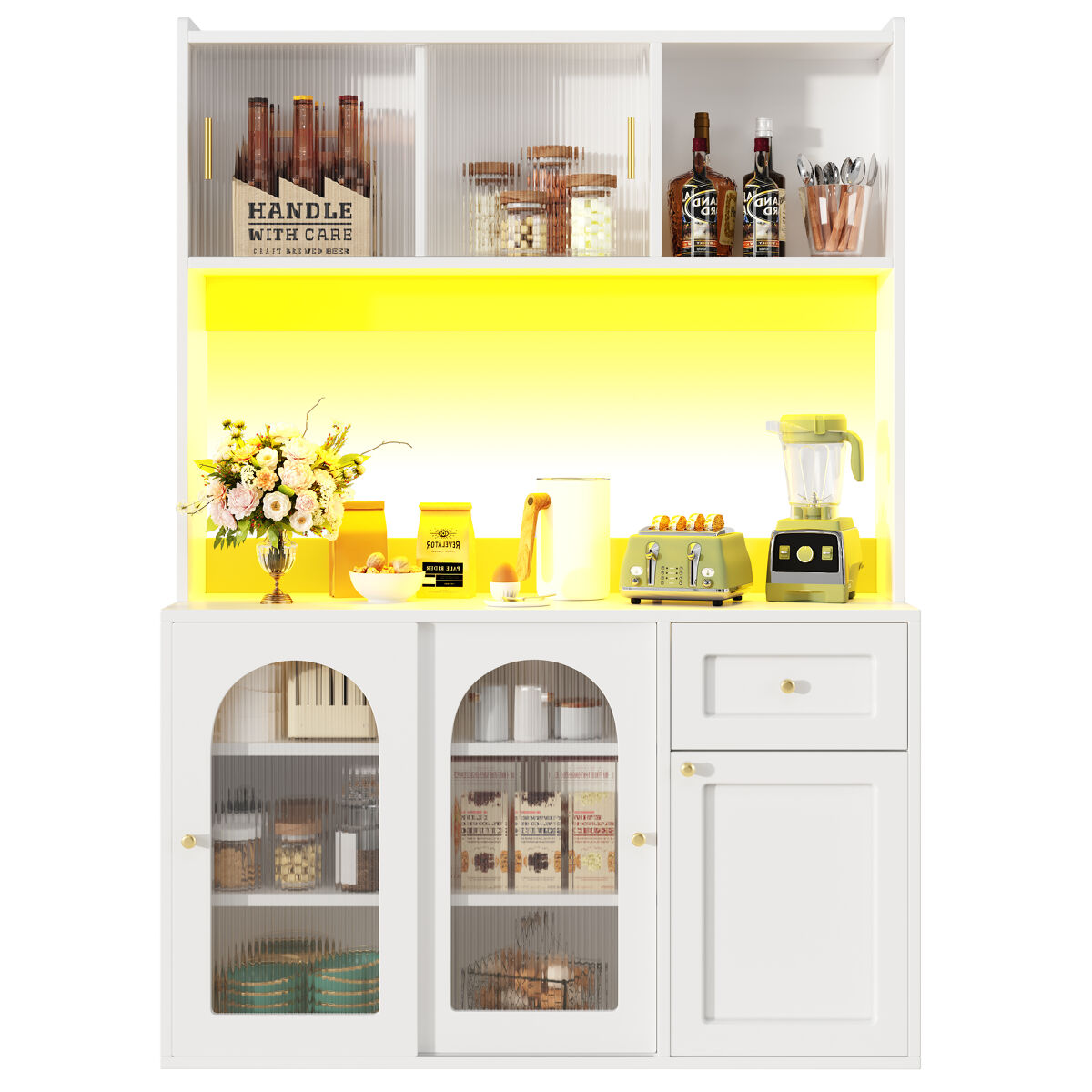 Armário de cozinha - 104x40x180 cm - com prateleiras ajustáveis, aparador, vitrine, com iluminação led - branco