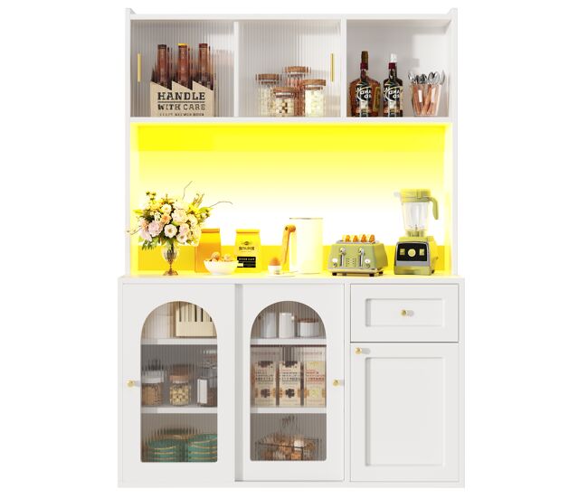 Armário de cozinha - 104x40x180 cm - com prateleiras ajustáveis, aparador, vitrine, com iluminação led - branco