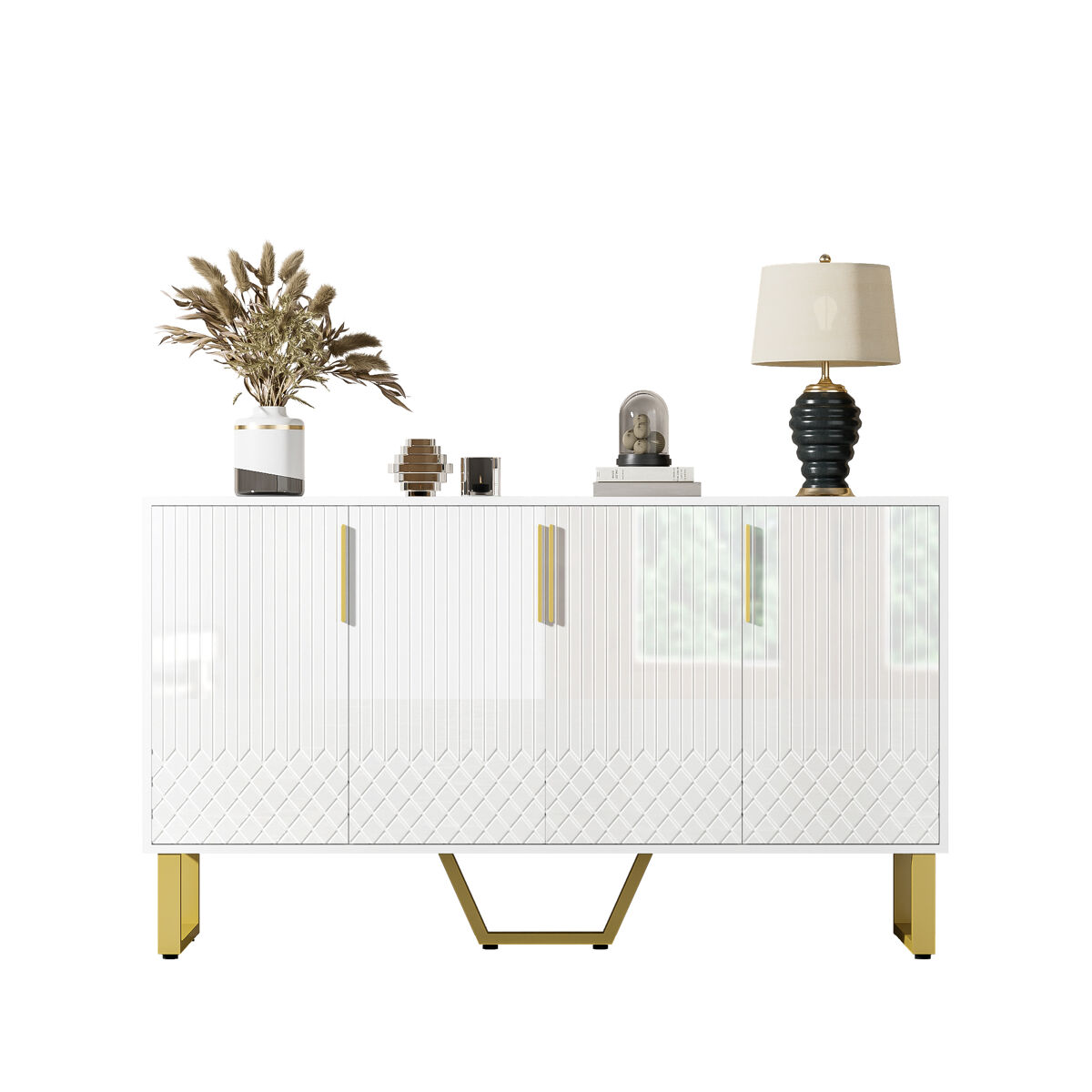 Aparador 140x40x80 cm - design geométrico, 4 portas, com puxadores e pés em metal - branco