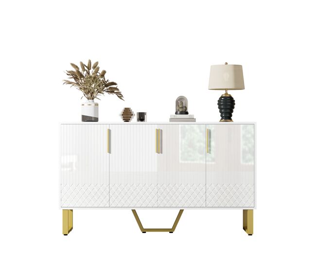 Aparador 140x40x80 cm - design geométrico, 4 portas, com puxadores e pés em metal - branco