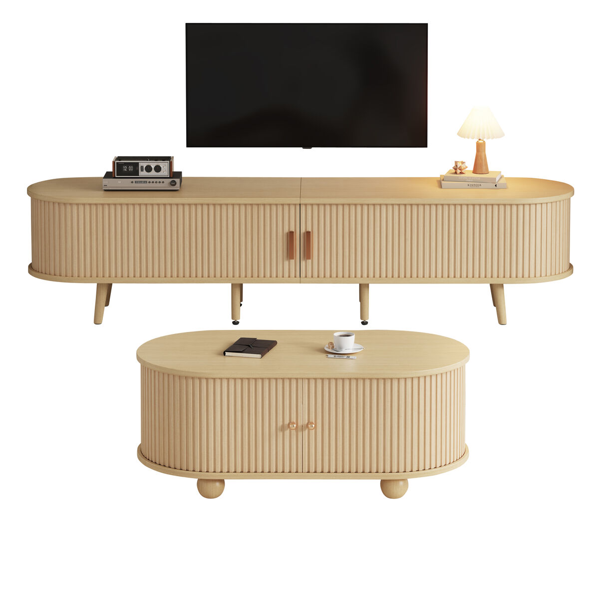Móvel de tv + mesa de centro - combinação ovalada com arrumação - cor madeira natural