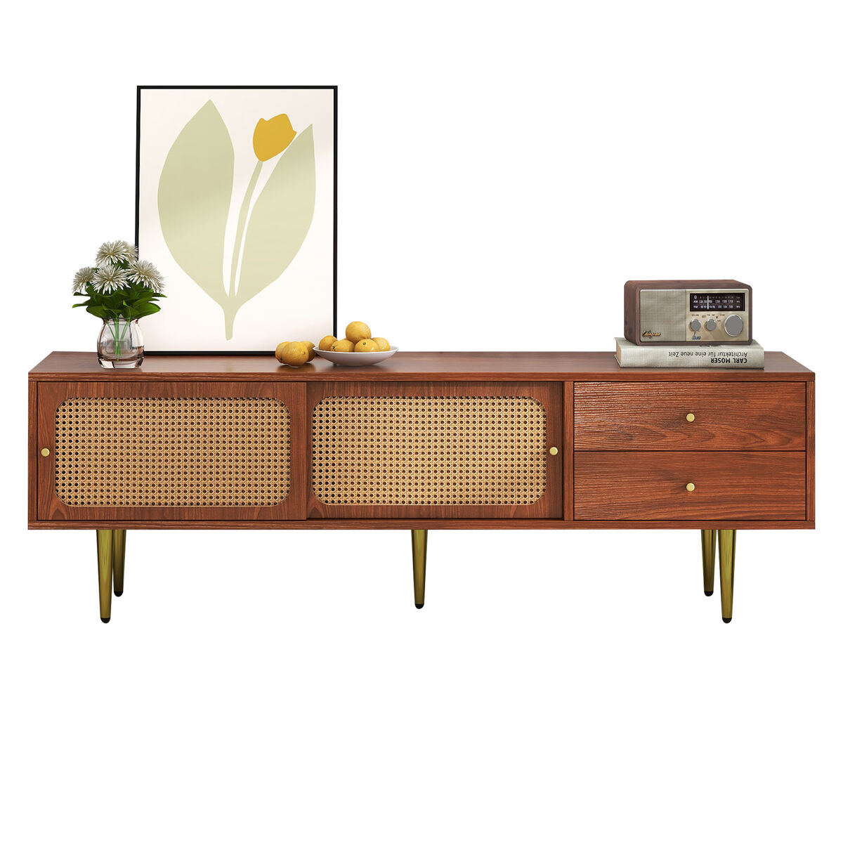 Móvel de tv 160x40x60 cm - estilo moderno com portas de correr em rattan e gavetas - nogueira e rattan escuro